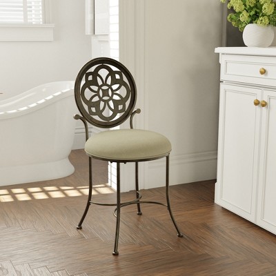 Antique Gray Metal Vanity Stool with Cream Upholstery