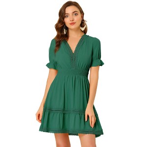 INSPIRE CHIC Women's V Neck Smocked Elastic Waist Short Sleeve Boho Crochet Trim Mini Dress - 1 of 4