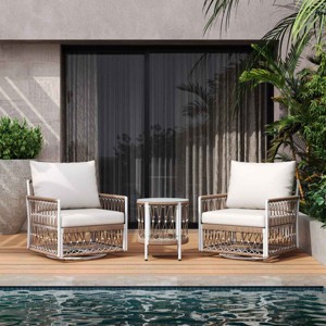 3 PCS Patio Seating Set with 2 Swivel Chairs and Table, Coffee Table with Glass Tabletop, Chair with Handwoven Rope and Steel Frame-Coolbibila - 1 of 4