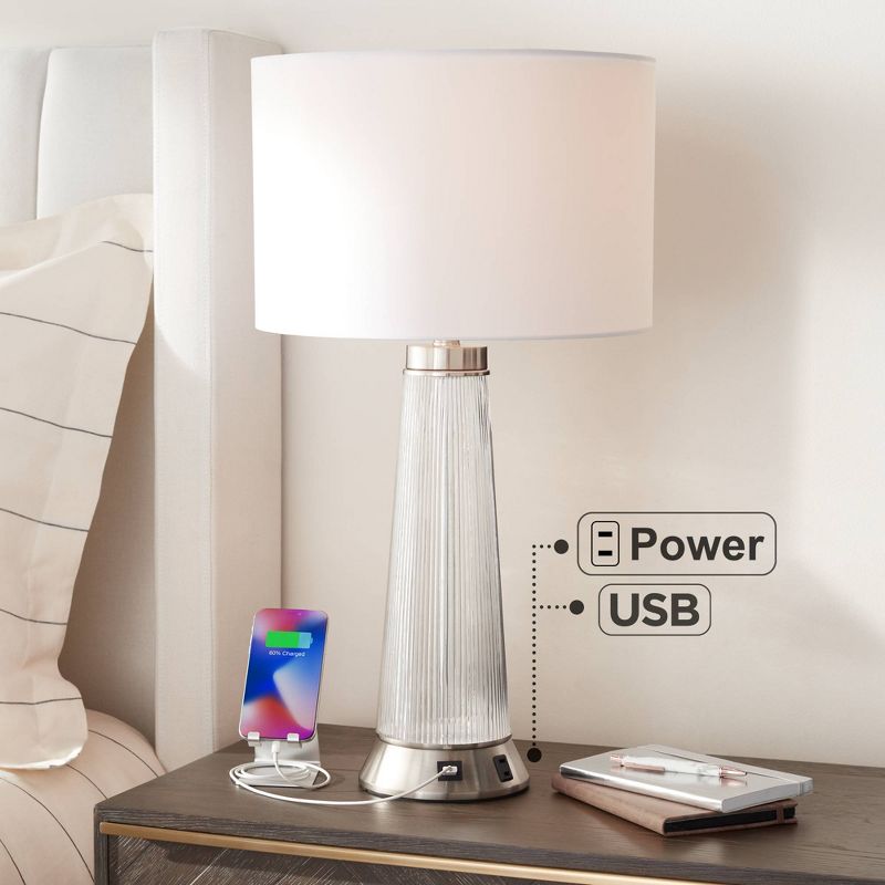 Possini Euro Design Hamish Modern Table Lamp 28" Tall Clear Ribbed Glass with USB and AC Power Outlet in Base White Drum Shade for Bedroom Living Room, 2 of 10