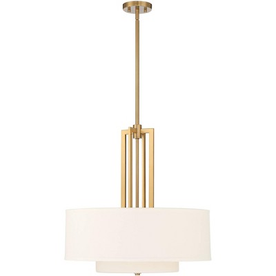 Warm Brass Double Drum Pendant Light with Linen Shade