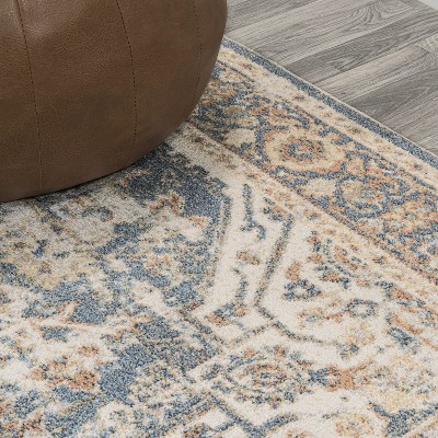 Blue and Cream Medallion Washable Synthetic Area Rug
