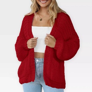 Women's Sweater Knit Cardigan with Pockets - Open Front Cable Knit Chunky Thick Sweater for Comfy Winter Knitwear,Bright Red - M - 1 of 4