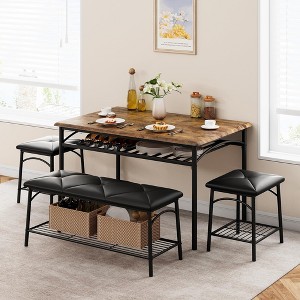 Dining Table with Benches - Kitchen Table Set for 4, Upholstered Bench and Square Stools, Metal and Wood Construction, Storage Included, Perfect for - 1 of 4