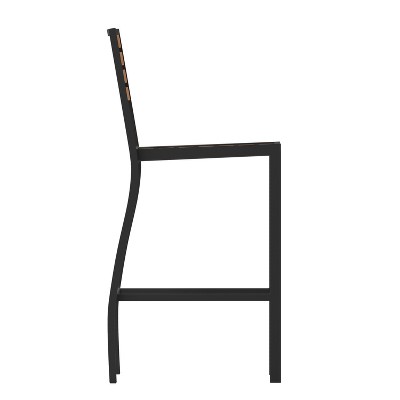All-Season Faux Teak Poly Resin Slatted Bar Height Stool with Aluminum Frame