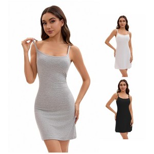 INSPIRE CHIC Women's 3 Packs Adjustable Spaghetti Strap Underdress Full Slips with Built-in Bra Shapewear - 1 of 4