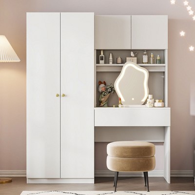 Vanity Wardrobe with Desk Clothing Armoire Closet Storage Cabinet with Makeup Mirror, Drawers, Hanging Rail and Storage Shelf, White/Nature-ModernLuxe