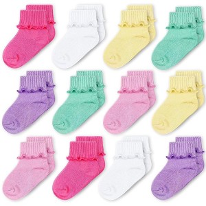 Cozyway Baby-Girls Socks 12 Pack Ruffle Ripple Edge Turn Cuff Ankle Socks Toddlers Infants, Solid Multicolored, 3-5T - 1 of 4