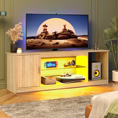 Bestier 57" Modern Media Console with Adjustable shelf, LED Fluted TV Stand for 65 Inch TV, Glossy TV Console with Cabinet