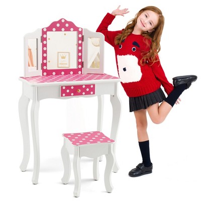 Pink Polka Dot Kids Vanity Set with Tri-Folding Mirror and Stool