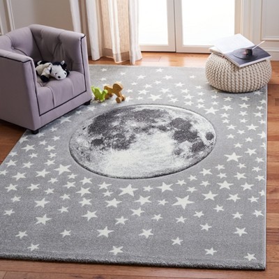 Stellar Playtime Round Non-Slip Rug for Kids - Light Grey & White, 4'x6'