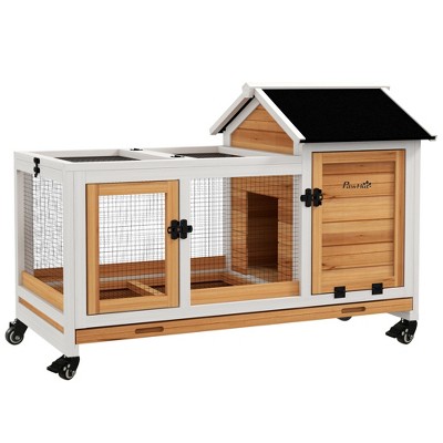 PawHut Indoor Outdoor Wooden Rabbit Hutch with Wheels, Large Bunny Cage with Run, Slide-out Tray for Small Animals, Guinea Pig