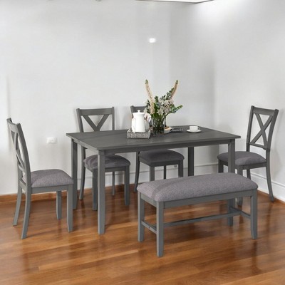 6-Piece Rectangular Dining Table Set with 4 Upholstered Chairs and Bench, Wood Kitchen Table for Family Dining Room