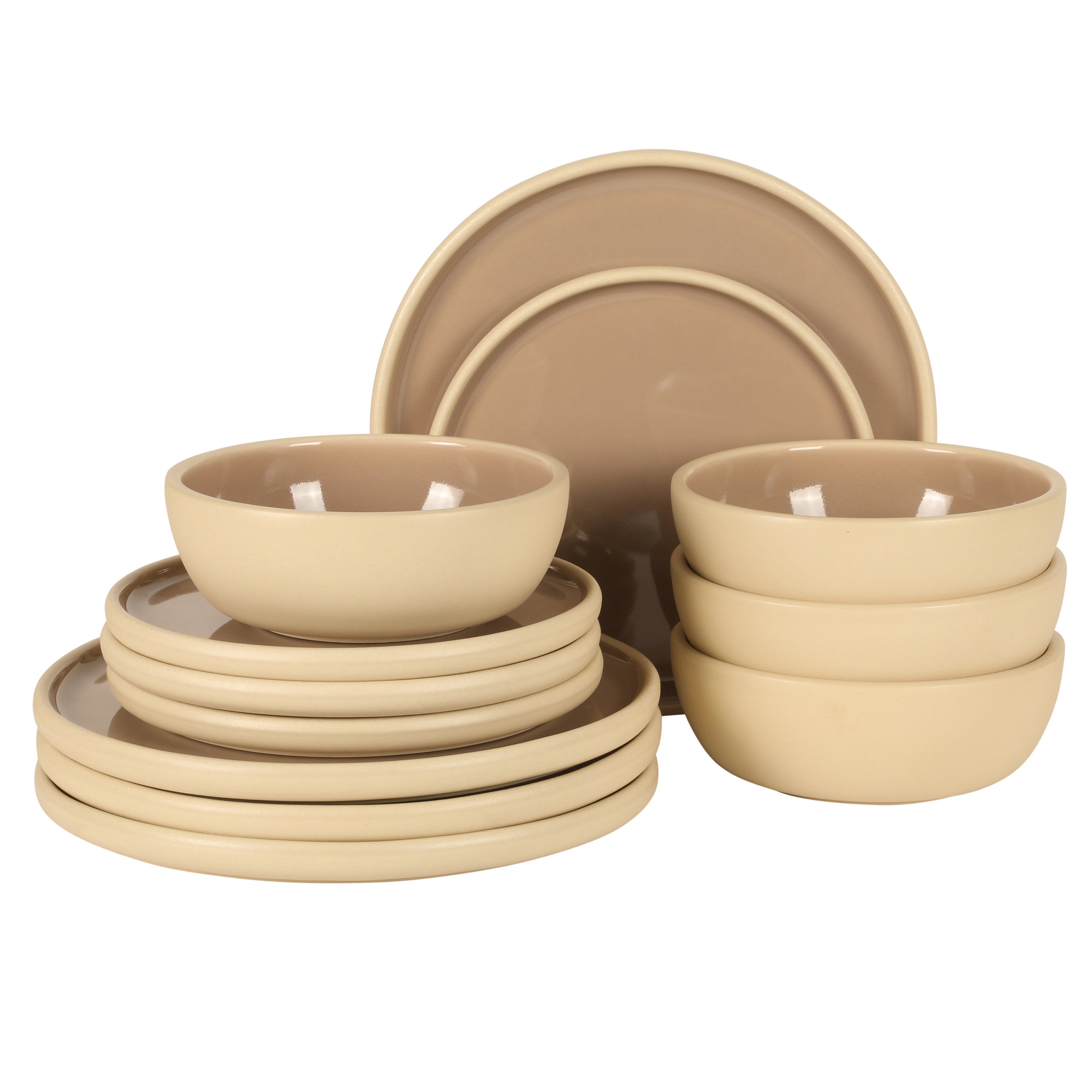 Gibson Elite - Made in Portugal - Port Gaia 12 Piece (Service for 4) Plates and Bowls Reactive Glaze Dishes Stoneware Ceramic Dinnerware Set Taupe