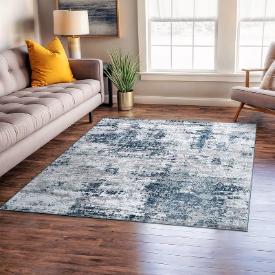 Distressed Blue and Gray Square Abstract Synthetic Area Rug