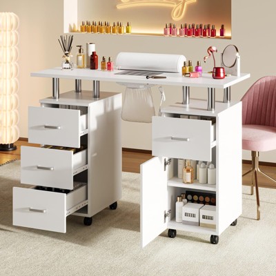 Manicure Nail Table Desk with Electric Dust Collector, 4 Drawers, Cabinet & Lockable Wheels, Salon Tech Station for Beauty Spa