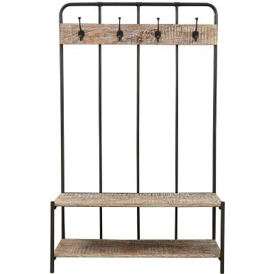 HomeRoots 71" Black And Brown Metal And Solid Wood Four Hooks Freestanding Coat Rack