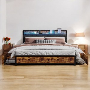 Mshliw Metal Platform Bed Frame with Storage Headboard, 4 Drawers, LED Lights & Charging Station - No Box Spring Required - 1 of 4