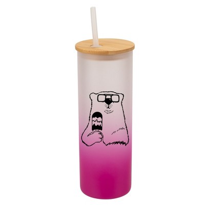 Elanze Designs Ice Cream Polar Bear With Sunglasses Pink Frosted Gradient Glass Tumbler with Bamboo Lid & Straw 25 ounce Reusable Iced Coffee or Water
