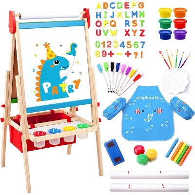 Aoibox Kids Wooden Easel Magnetic Chalkboard Painting Board with 100 Accessories Paper Rolls Height Adjustable