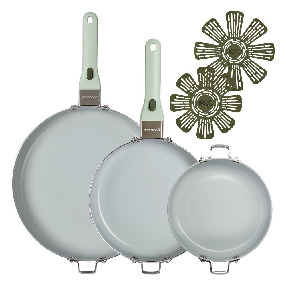 GoodCook 7pc (8", 9.5" and 12") Frypan Ceramic Nonstick Cookware Set with 2 Removable Handles Sage Green