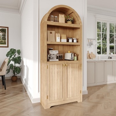 71.6" Tall Arched Cabinet, 5 Tier Bookcase Arched Book Shelf with Doors and Adjustable Shelves, for Living Room, Bedroom