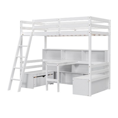 NicBex Twin Size Loft Bed with Storage Shelves,Drawers,Seat and Desk for Kids Teens Adults,Gray/White