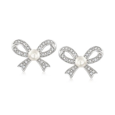 Ross-Simons 4-4.5mm Cultured Pearl and .11 ct. t.w. Diamond Bow Earrings in Sterling Silver