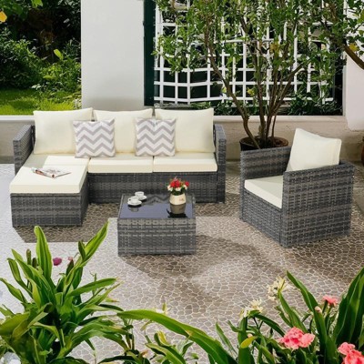 4-Pieces Outdoor Patio L-Shaped Sectional Sofa Set with Single Sofa & Glass Coffee Table