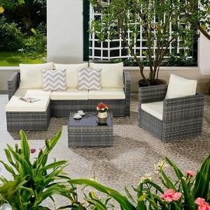 4-Pieces Outdoor Patio L-Shaped Sectional Sofa Set with Single Sofa & Glass Coffee Table - 1 of 4