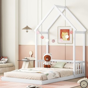 NicBex Full Size Wood Montessori Bed with House-Shaped Roof Headboard,Floor Bed with Semi-Fence Design,Modern Toddler Bed for Bedroom - 1 of 4