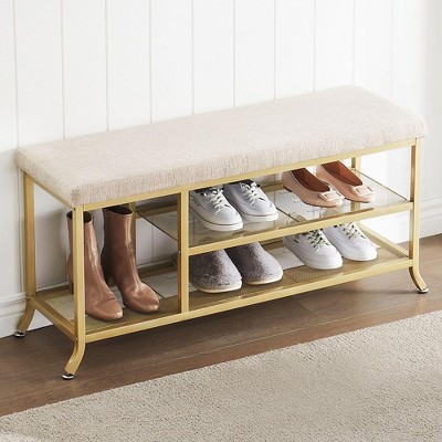 Garvee Entryway Shoe Storage Bench with Cushion, 3-Tier Shoe Rack with Foam Padded Seat, Bench for Bedroom end of Bed, for Living Room, Hallway, Gold