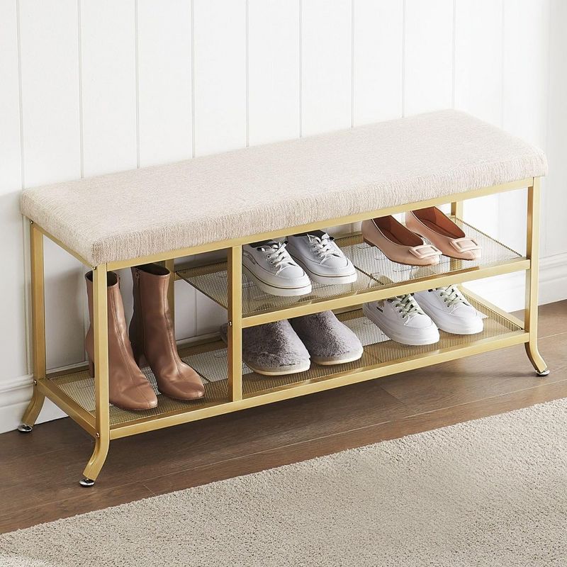 Whizmax Entryway Shoe Storage Bench with Cushion, 3-Tier Shoe Rack with Foam Padded Seat, Bench for Bedroom end of Bed, for Living Room, Hallway, Gold, 2 of 9