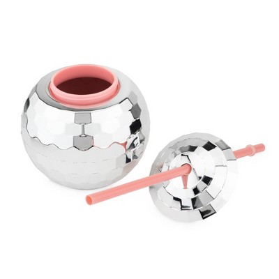 Silver Disco Ball Drink Tumbler with Pink Straw