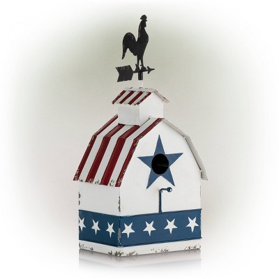 18" Iron Patriotic Birdhouse With Rooster Vane Top - Alpine Corporation