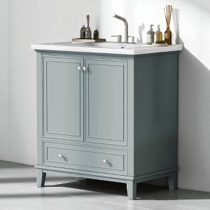 30" Bathroom Vanity with Ceramic Sink, Solid Wood & MDF Construction, 2 Doors, 1 Drawer, Adjustable Shelf, Freestanding Cabinet - 1 of 4