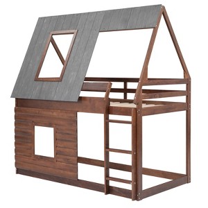 Twin Over Twin Bunk Bed Wood Frame House Shaped with Roof,Ladder and 2 Windows for Kids Teens Girls Boys - 1 of 4