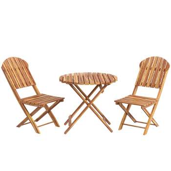 Outsunny 3-Piece Acacia Wood Bistro Set, Foldable Bistro Table and Chairs, Outdoor Bistro Set for Backyard, Balcony, Deck, Porch, Natural Wood Finish