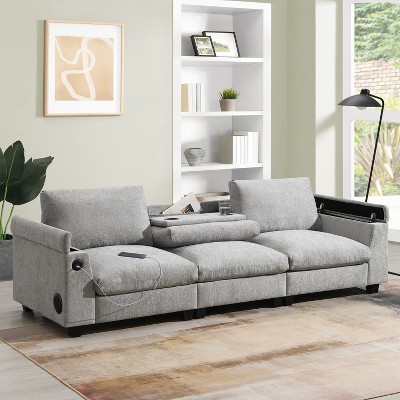 Whisen Modern Chenille Sectional Sofa with Bluetooth Speaker, USB Port, Drop Down Table, Cup Holders and Storage Armrest