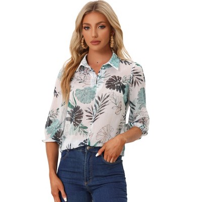 Allegra K Women's Point Collared 3/4 Sleeves Sheer Lightweight Leaves Floral Print Shirt