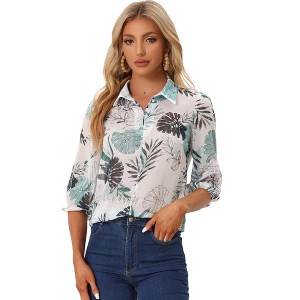 Allegra K Women's Point Collared 3/4 Sleeves Sheer Lightweight Leaves Floral Print Shirt - 1 of 4
