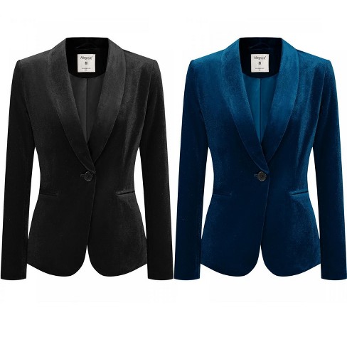 INSPIRE CHIC Women's Christmas Office Solid Shawl Collar Jetted Pockets One Button Velvet Blazer 2 Packs - image 1 of 4