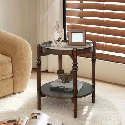 HDZNVF Round Glass Top Side Table with Wooden Shelf, Elegant Accent Table, Dark Brown
