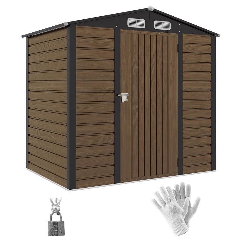 Outsunny 74.8" x 52" Metal Outdoor Shed, Garden Storage Shed with Vents for Yard, Patio, Lawn, Oak Colored, 1 of 7