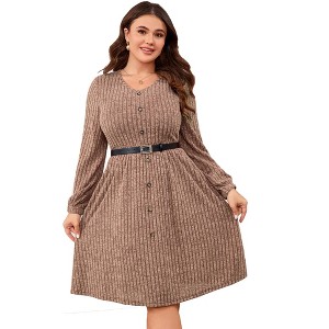 Women's V Neck Bell Sleeve Sweater Dress with Belt Casual Button Down Belted Knit Tunic Dress - 1 of 4
