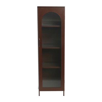 Vintage Brown Tall Metal Cabinet with Arched Glass Door and Adjustable Shelves