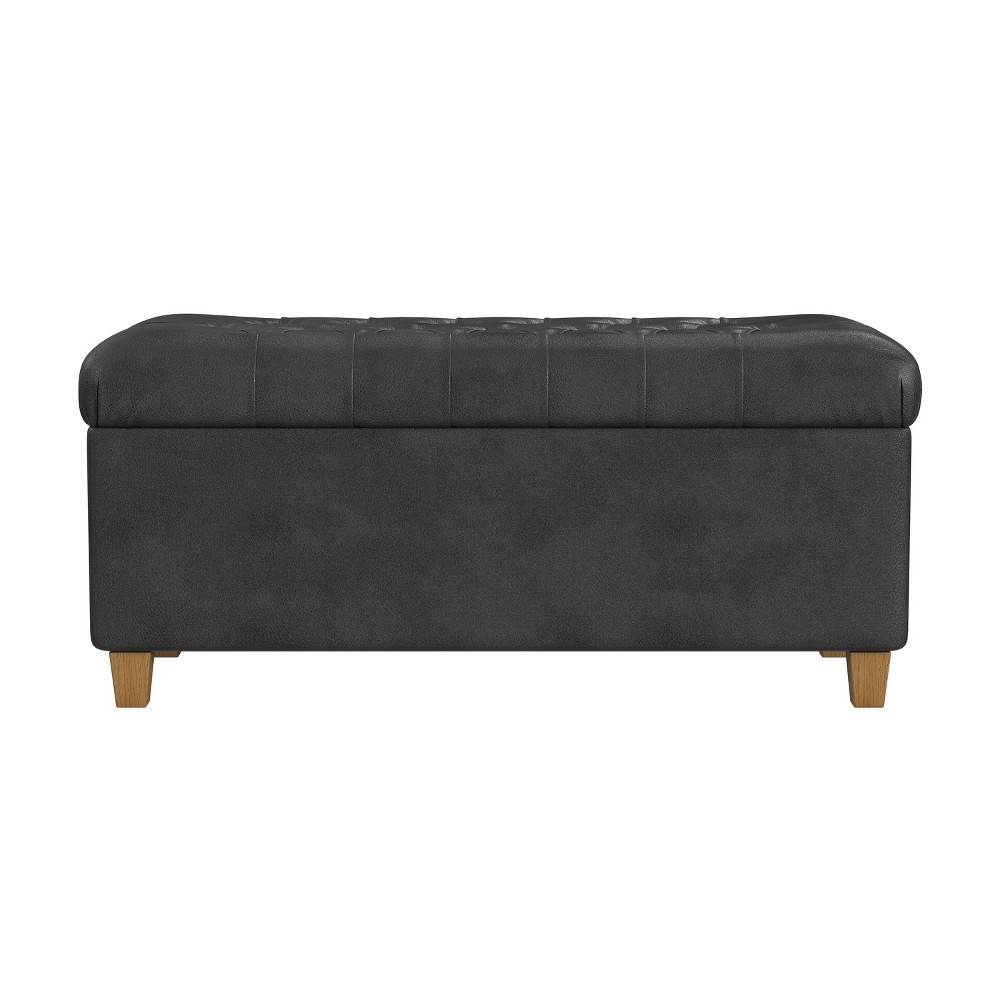 Ainsley Button Tufted Storage Bench Faux Leather Black - HomePop: Honey Oak Wood Legs, Hinged Lid