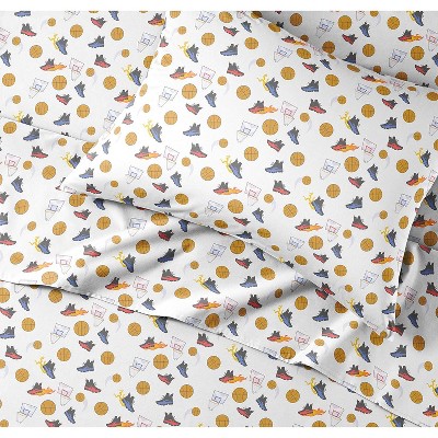 Kids Basketball Print Blue Microfiber Queen Sheet Set