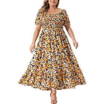 Agnes Orinda Women's Plus Size Floral Short Sleeve Shirred Square Neck Maxi Floral Dress