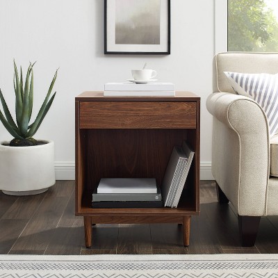 Liam Mid-Century Walnut Wood Side Table with Record Storage